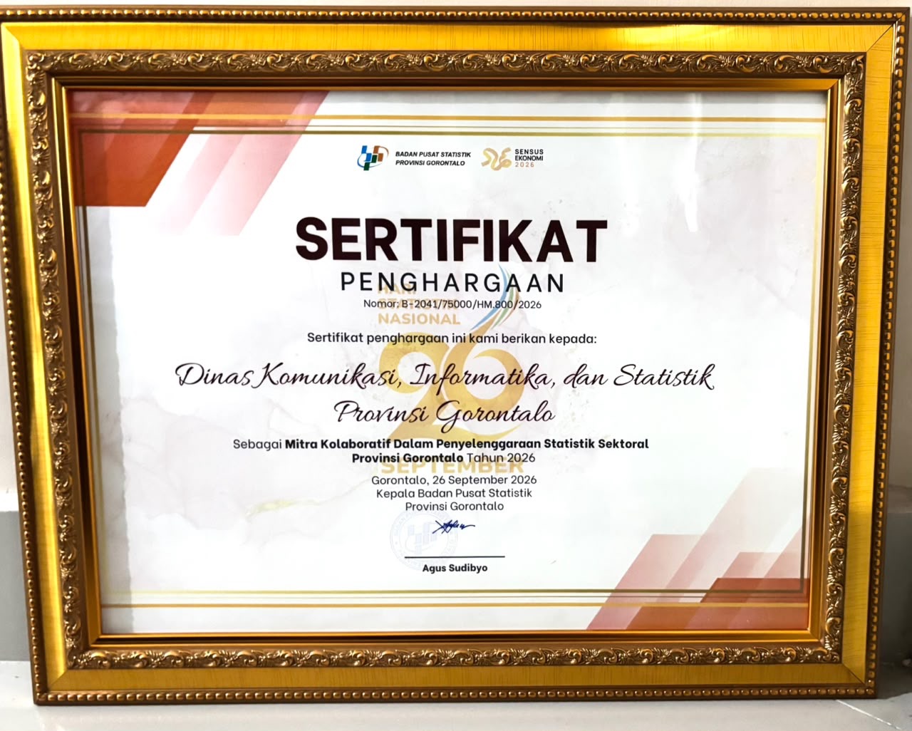 Diskominfotik Gorontalo Terima Penghargaan BPS atas Kolaborasi Statistik Sektoral